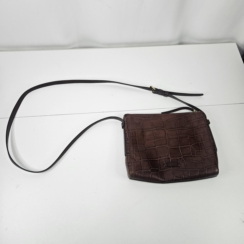 Vintage FOSSIL Croc Embossed Brown Leather Shoulder Crossbody - 10 x 8"